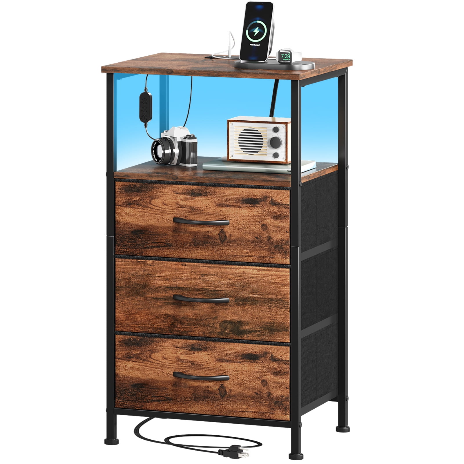 Eunos 3 Drawer Nightstand with Charging Station, LED and Open Shelf for Bedroom, Wood Grain Print
