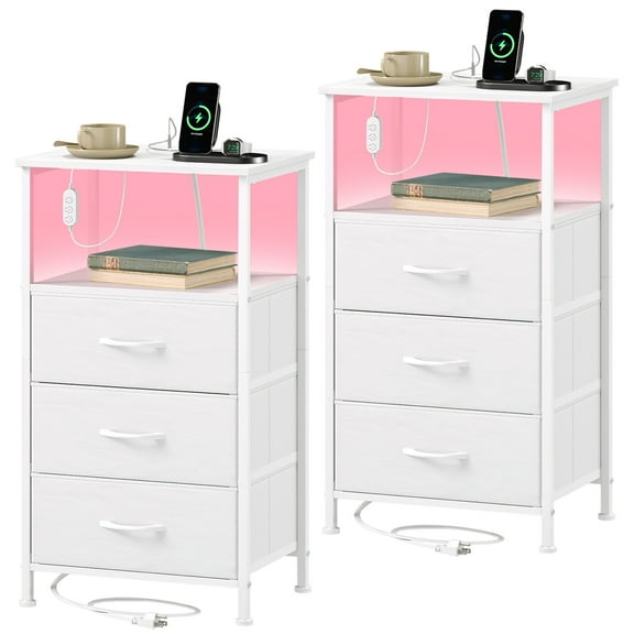 Eunos 3 Drawer White Nightstand set of 2 with Charging Station and LED for Bedroom, Living Room