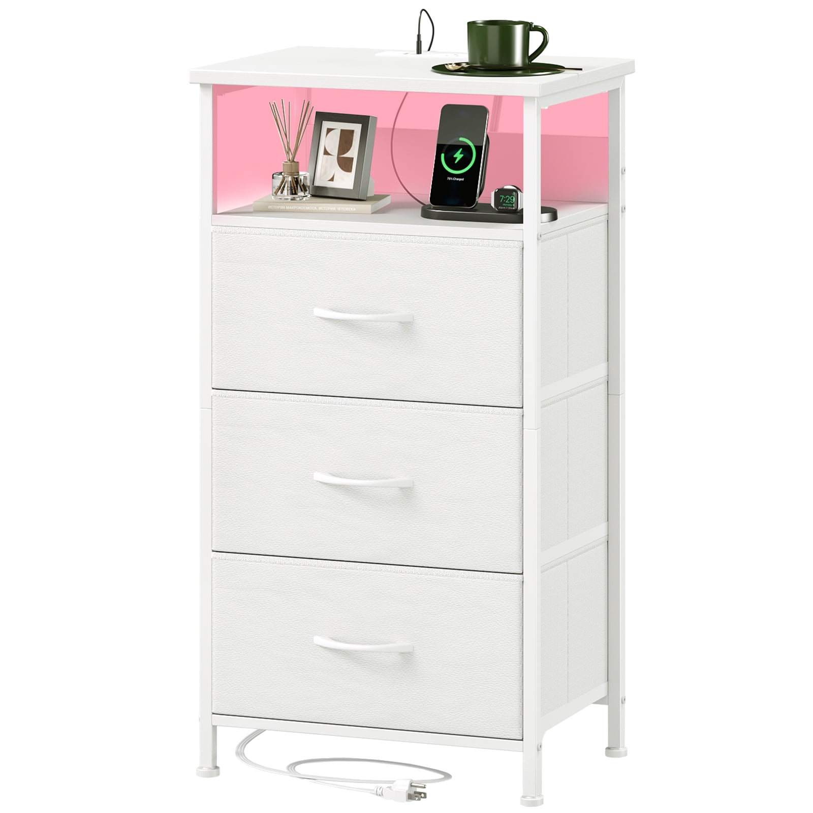 White Tall Nightstand with LED Light and Charging Station