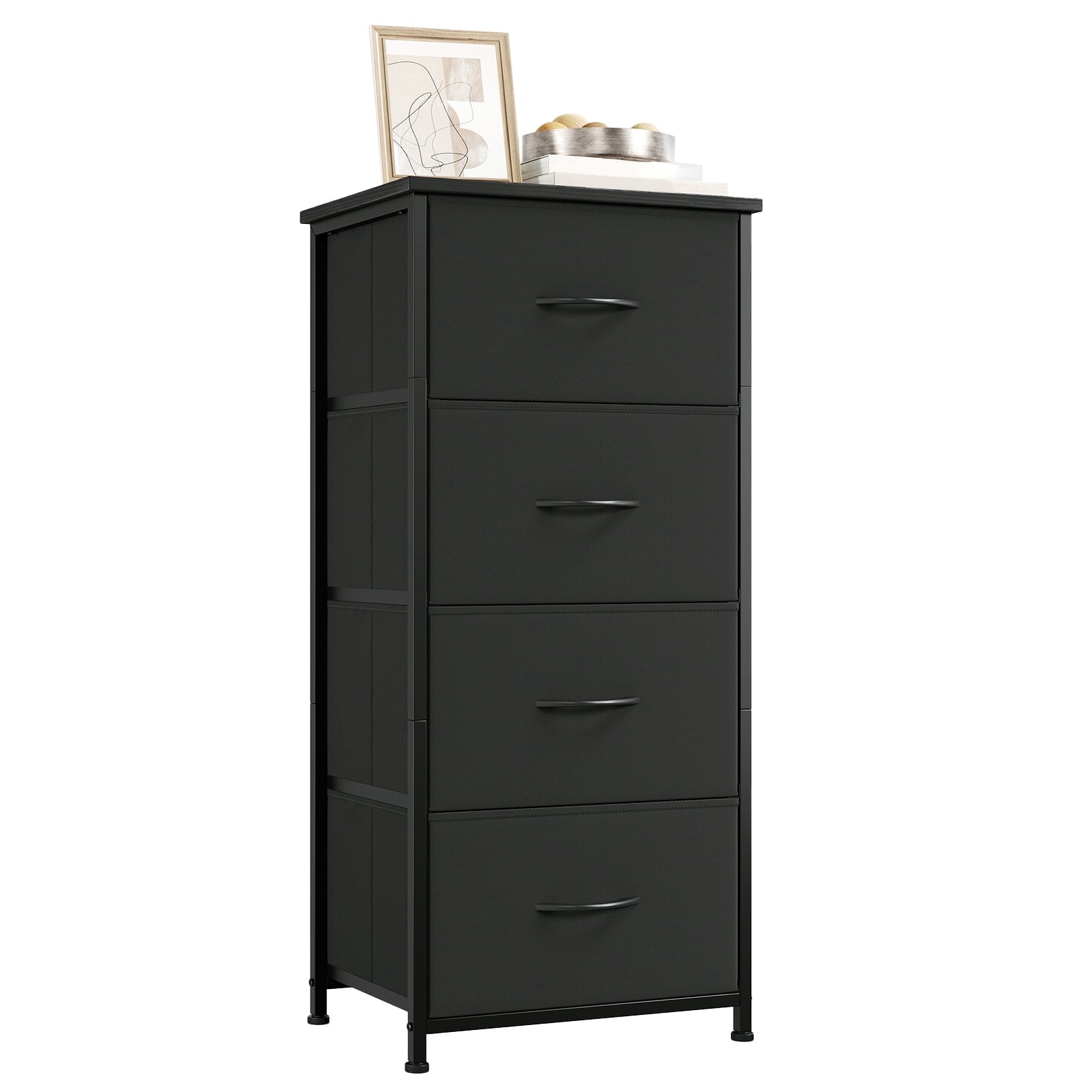 Eunos 4 Drawer Dresser, Chest of Drawers Fabric Vertical Tall Nightstand for Bedroom, Black