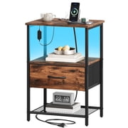 Eunos Nightstand with Charging Station, Small Dresser with Drawer and Storage Shelfs, Wood Grain Print