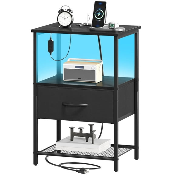 Eunos Black Nightstand with Charging Station and LED, Small Dresser with Drawer and Storage Shelfs for Bedroom