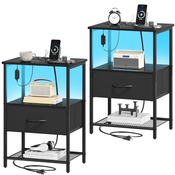 Eunos Black Small Nightstand Set of 2 with Charging Station, LED and Storage Shelfs for Bedroom, Living Room