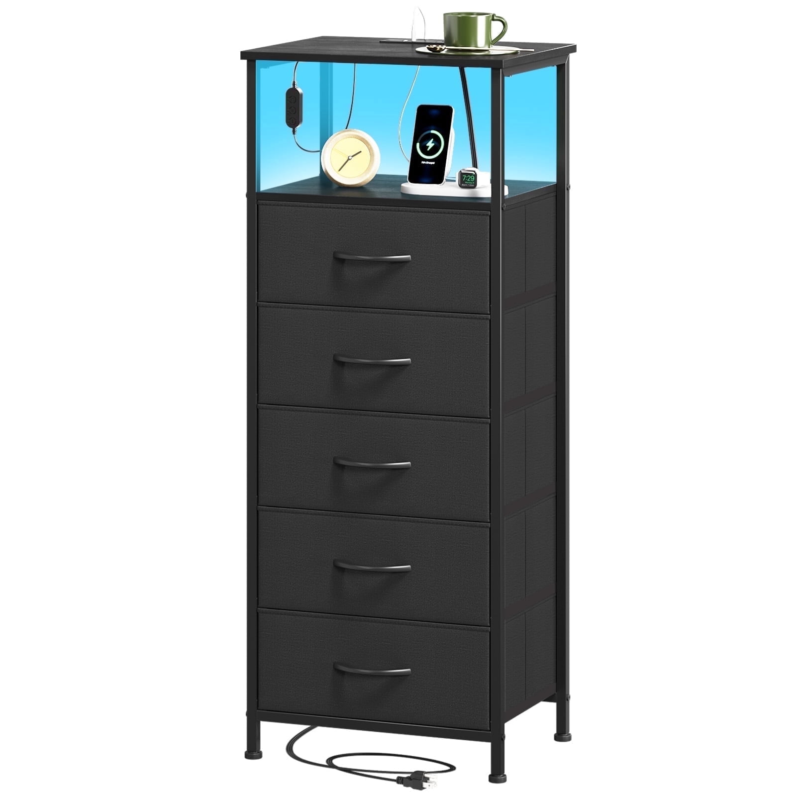 Eunos Black Dresser for Bedroom, 5 Drawer Nightstand with Charging Station, LED and Open Shelf
