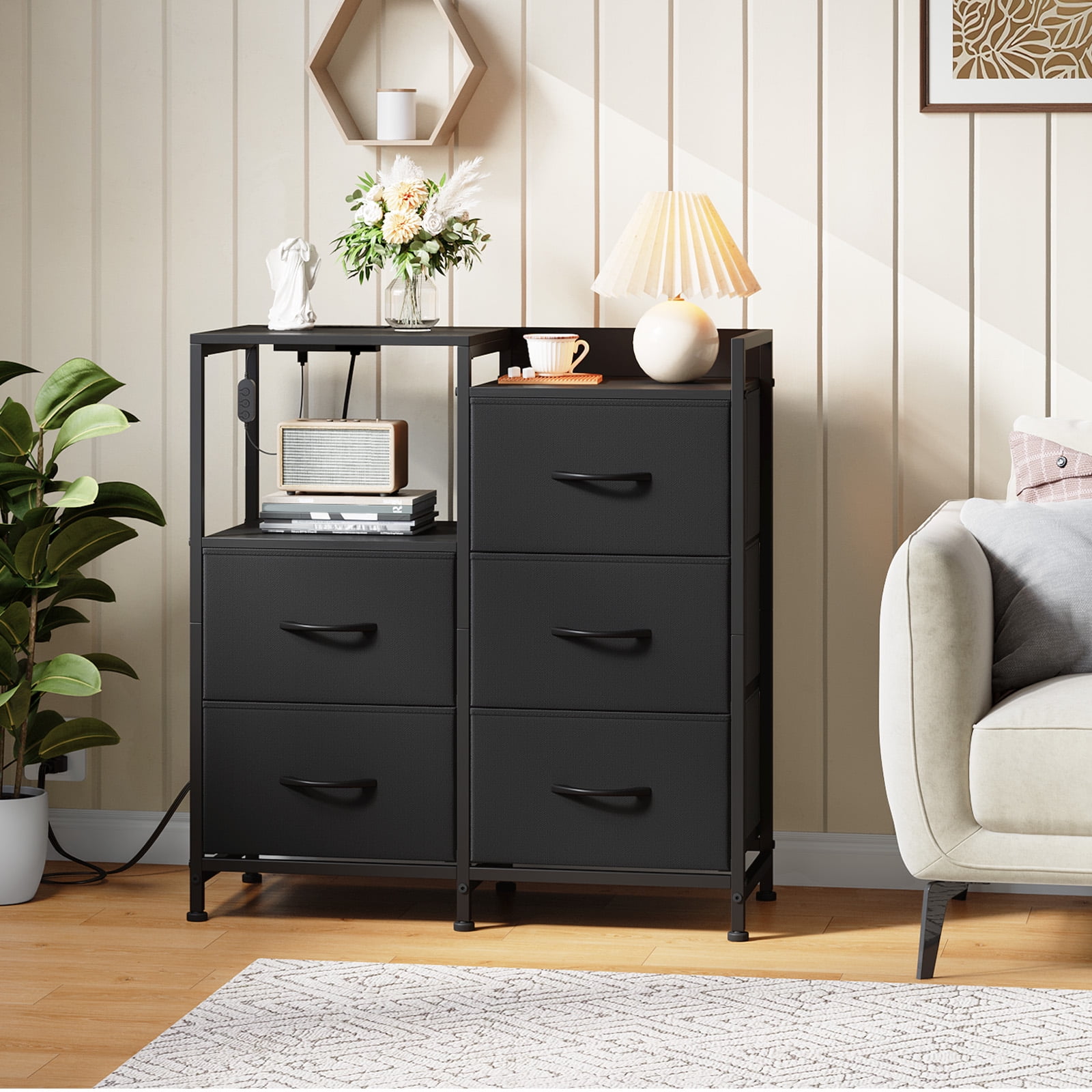 Eunos 5 Wide Black Drawers Dresser with Charging Station and Open Shelf for Bedroom Closet Dorm