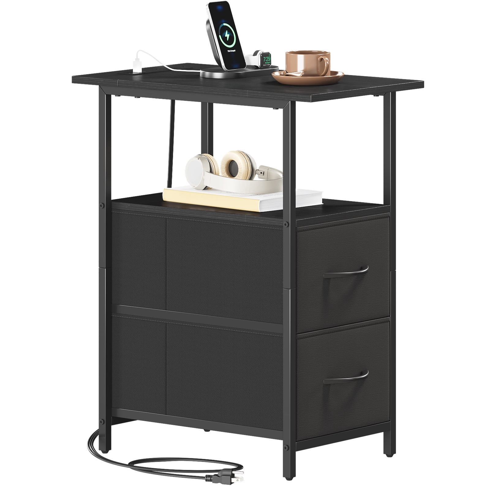 Eunos Black Long End Table with Charging Station, Nightstand with Open Shelf, 2 Fabric Drawer