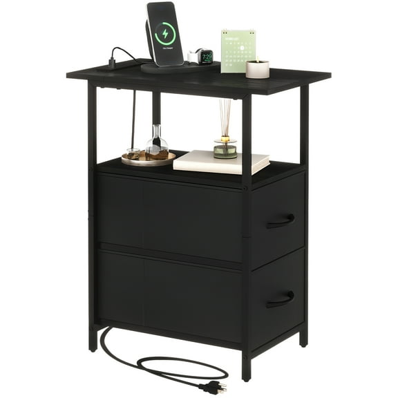 Eunos Black Long End Table with Charging Station, Nightstand with Open Shelf, 2 Fabric Drawer