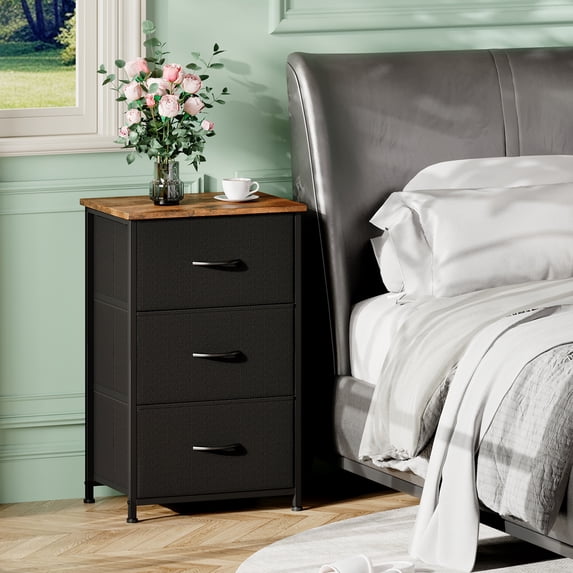 Eunos Nightstand with Removable Fabric Storage, 3 Drawer Small Dresser for Bedroom Hallway, Black Rustic Brown