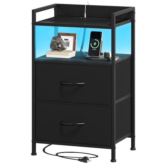 Eunos Black Small Nightstand with Charging Station, 2 Fabric Drawer Dresser for Bedroom with LED and Handle