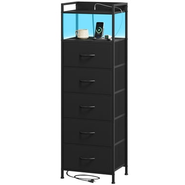 Somdot Black Tall Nightstand with Charging Station, 4 Fabric Drawer Dresser for Bedroom with LED and Handle