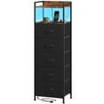 thumbnail image 1 of Eunos Black Tall Nightstand with Charging Station, 5 Fabric Drawer Dresser for Bedroom with LED and Handle, 1 of 8