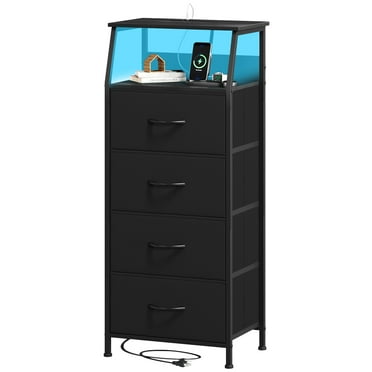 Somdot Black Tall Nightstand with Charging Station and LED for Bedroom, 4 Drawer with Storage Shelfs