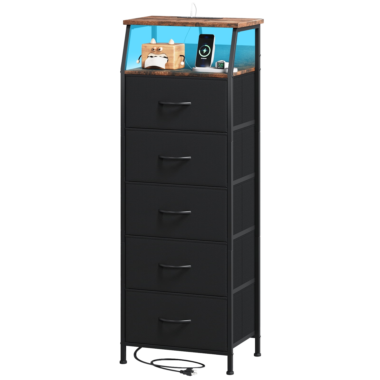 Eunos Black Tall Nightstand with Charging Station and LED for Bedroom, 5 Drawer with Storage Shelfs