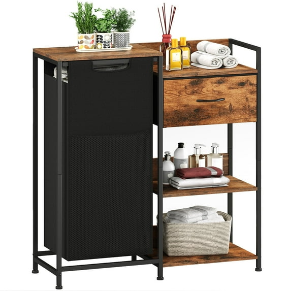 Eunos Dirty Clothes Basket with Drawer and Storage Shelfs, Store Dirty Clothes and Toiletries Indoor, Wood Grain Print