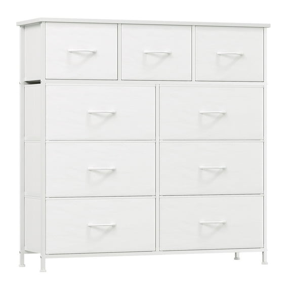 Eunos Dresser, 9-Drawer Fabric Storage Tower with Large Capacity Fabric Bins for Bedroom, White Leather