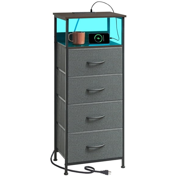 Eunos Dresser for Bedroom, 4 Drawer Nightstand with Charging Station, LED and Open Shelf, Charcoal Grey