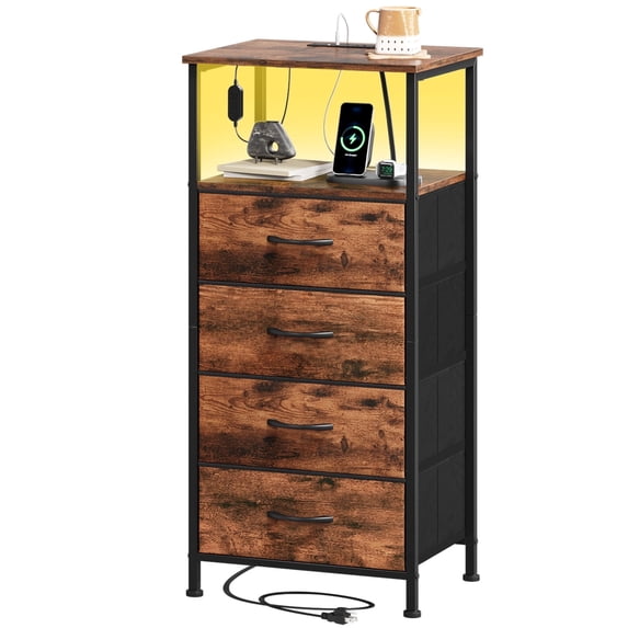 Eunos Dresser for Bedroom, 4 Drawer Nightstand with Charging Station, LED and Open Shelf, Wood Grain Print