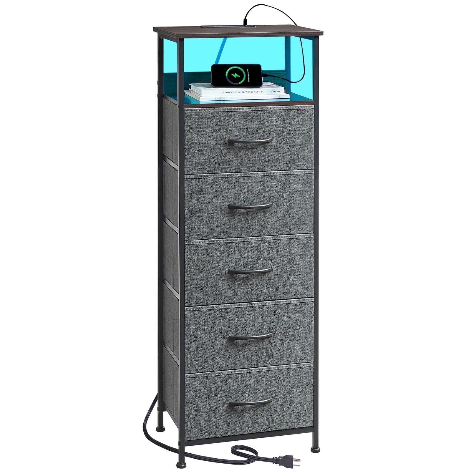 Tall Dressers For Bedroom WLIVE Black Dresser For Bedroom, 5 Drawer Dressers With Charging Station, Fabric Chest Of Drawers With Open Shelves, Storage Dresser For Living Room, Closet, Entryway 6 Drawer Dresser