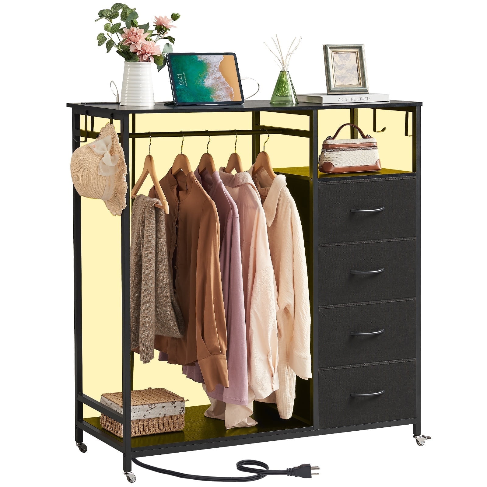 Black Wood Portable Dresser with Drawer and Clothes Rack