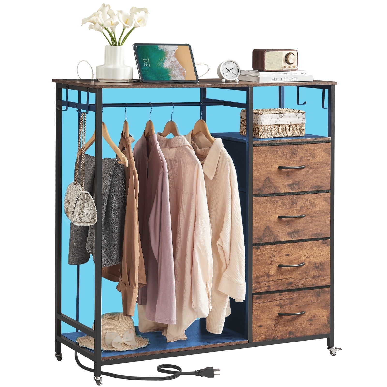 Brown Wood Grain Portable Dresser with Clothes Rack and Drawers