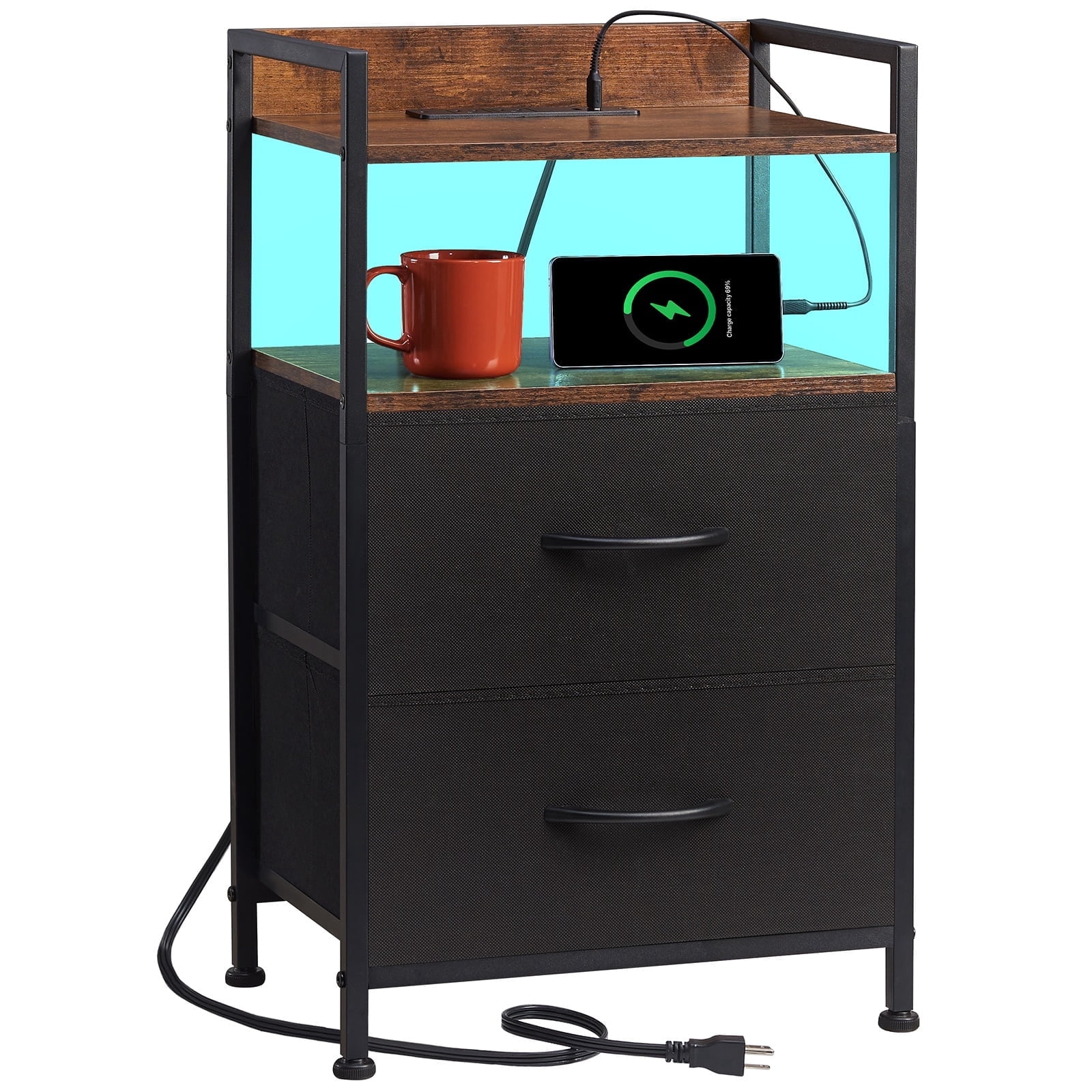 Eunos Black Small Nightstand with Charging Station, 2 Fabric Drawer Dresser for Bedroom with LED and Handle