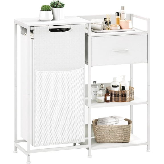 Somdot Laundry Hamper with Fabric Drawer and Shelves, Laundry Basket Sorter with 15.8 Gallons (60L) Pull-Out and Removable Bag, White Leather