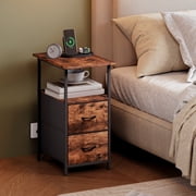 Eunos Long End Table with Charging Station, Nightstand with Open Shelf, 2 Fabric Drawer, Wood Grain Print