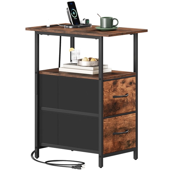 Eunos Long End Table with Charging Station, Nightstand with Open Shelf, 2 Fabric Drawer, Wood Grain Print
