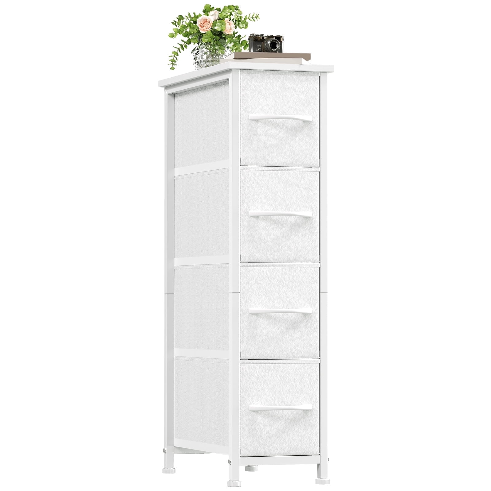 Eunos Narrow Dresser with 4 Slim Drawers for Bathroom Storage Cabinet Hallway, White Leather