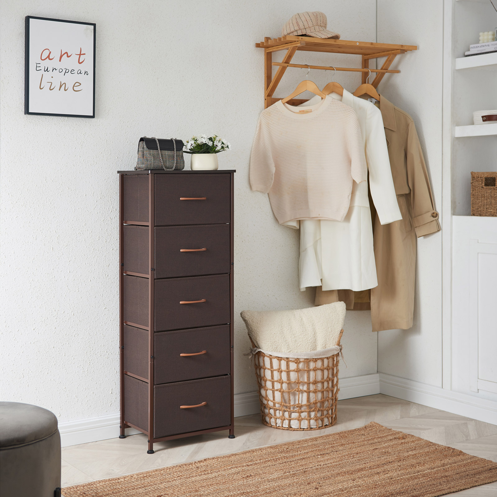 Somdot Nightstand Dresser with 5 Drawers Chest of Vertical Fabric