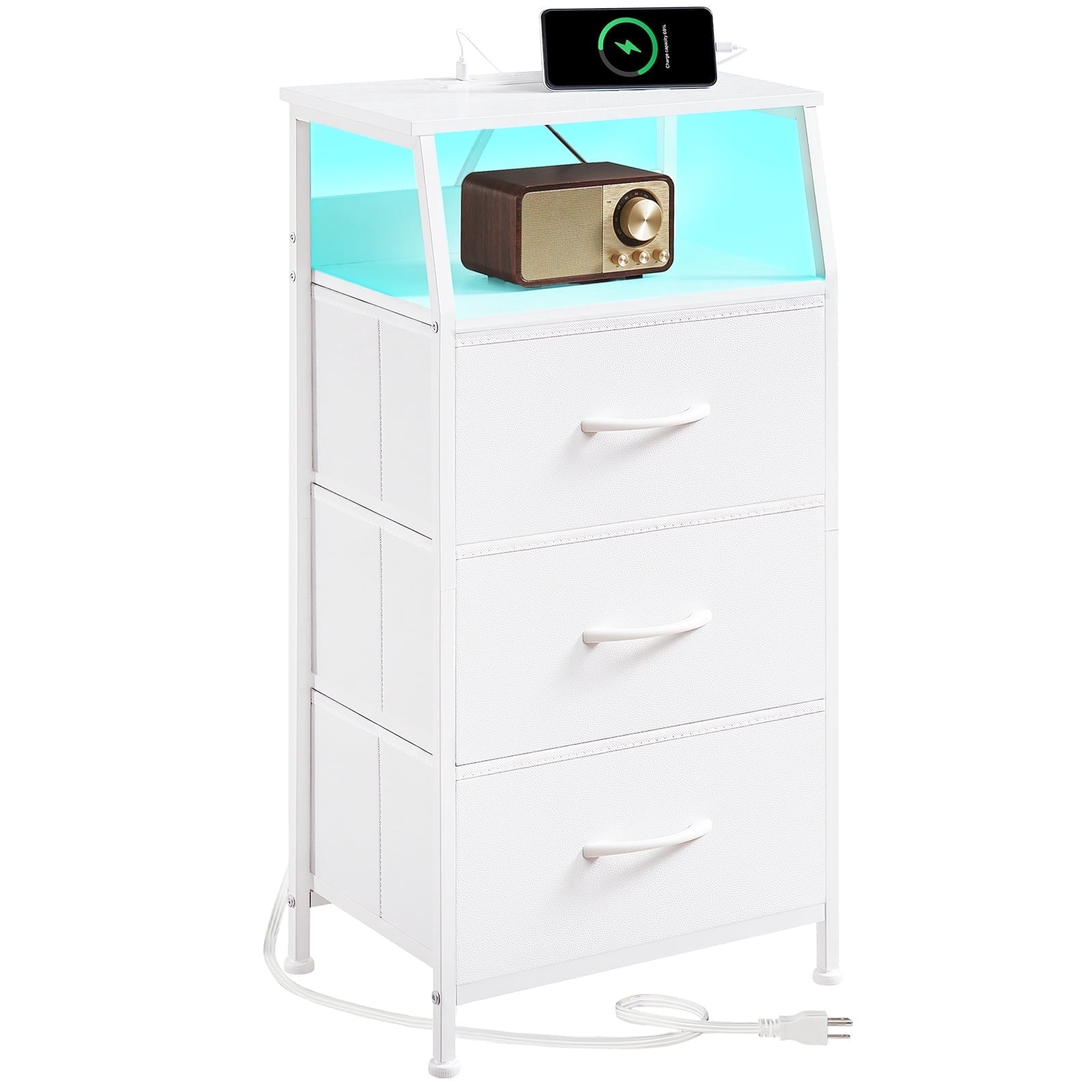 Eunos Small Nightstand with Charging Station and LED for Bedroom, 3 White Drawer Dresser with Storage Shelfs