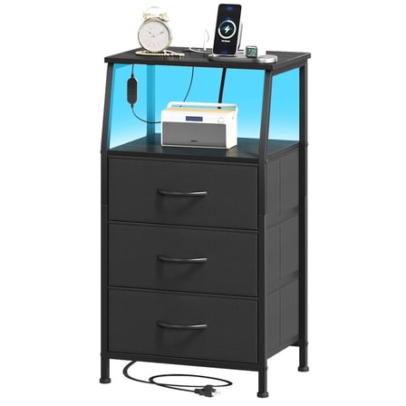Eunos Small Nightstand with Charging Station and LED for Bedroom, 3 Black Drawer Dresser with Storage Shelfs