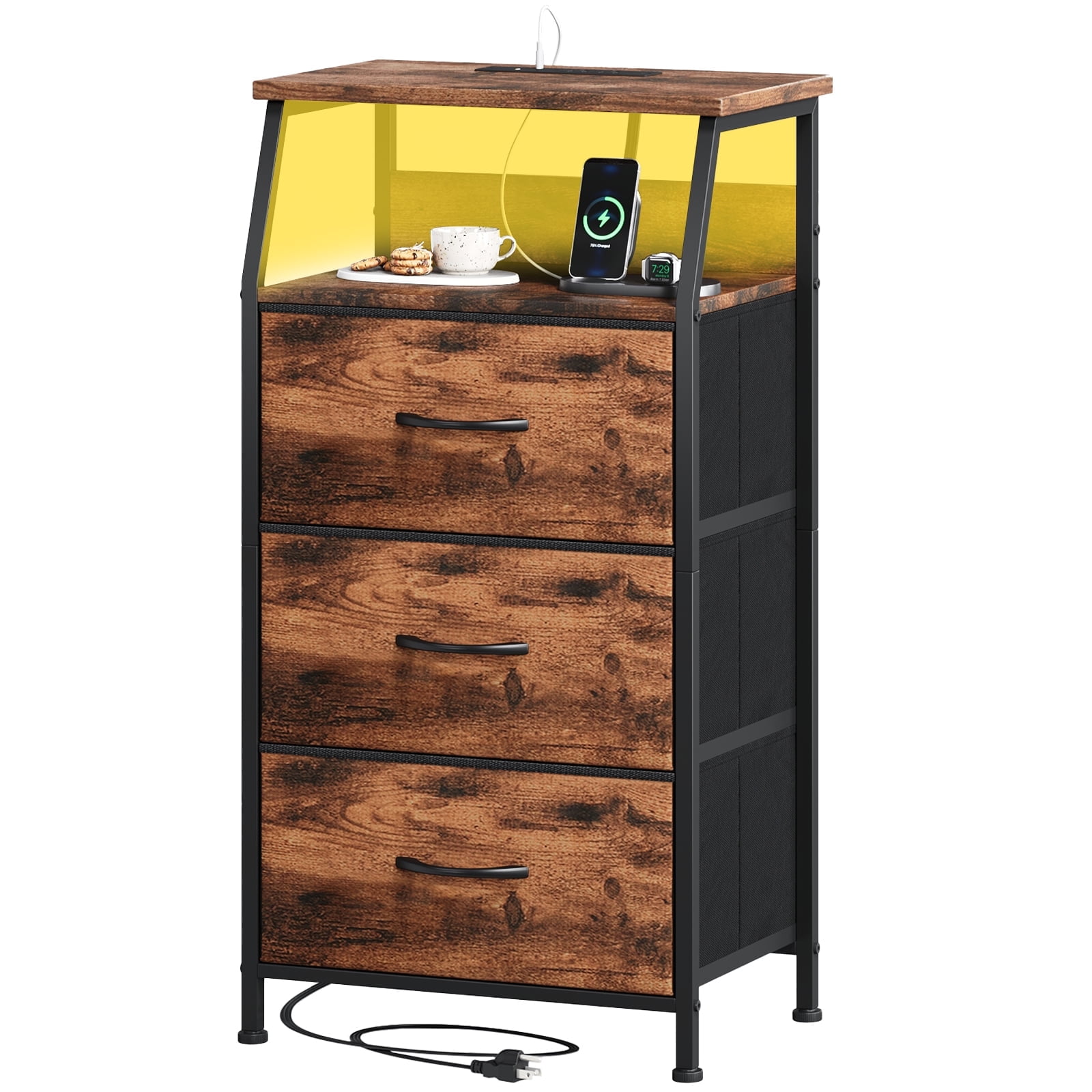 Somdot Small Nightstand with Charging Station and LED for Bedroom, 3 ...