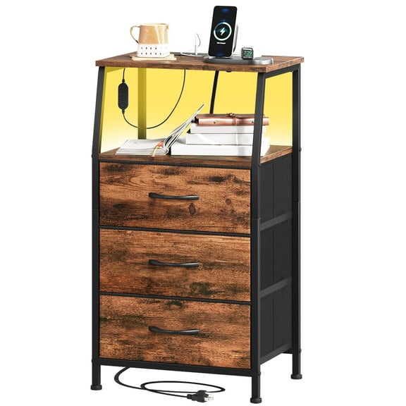 Eunos Small Nightstand with Charging Station and LED for Bedroom, 3 Drawer Dresser with Storage Shelfs, Wood Grain Print