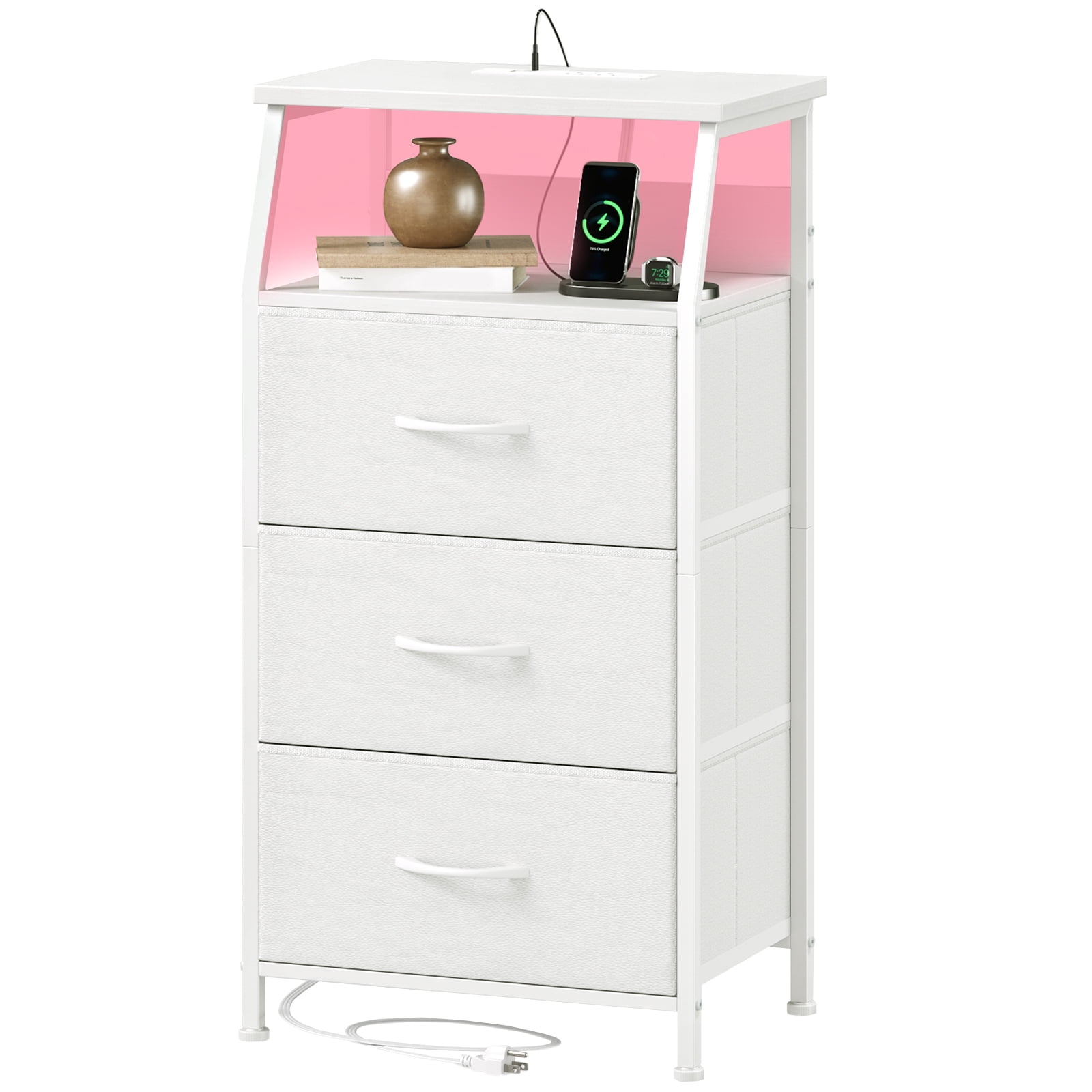 Somdot Small Nightstand with Charging Station and LED for Bedroom, 3 ...