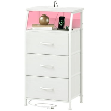 Eunos Small Nightstand with Charging Station and LED for Bedroom, 3 White Drawer Dresser with Storage Shelfs