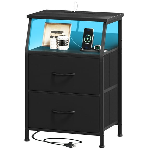 Eunos Small Nightstand with Charging Station for Bedroom, 2 Black Drawer Dresser with Storage Shelfs