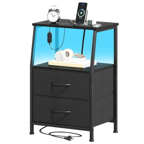 Eunos Small Nightstand with Charging Station for Bedroom, 2 Black Drawer Dresser with Storage Shelfs