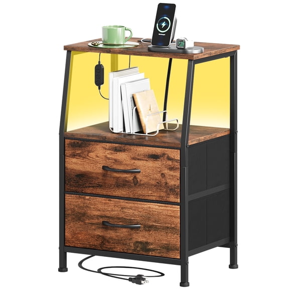 Eunos Small Nightstand with Charging Station for Bedroom, 2 Drawer Dresser with Storage Shelfs, Wood Grain Print