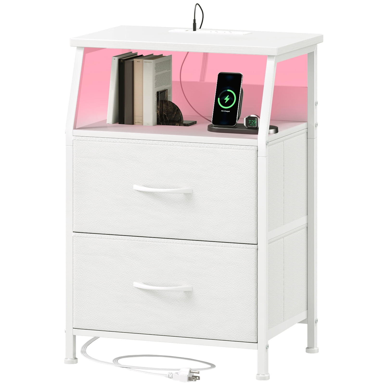 Eunos Small Nightstand with Charging Station, 2-Drawer White Bedroom ...