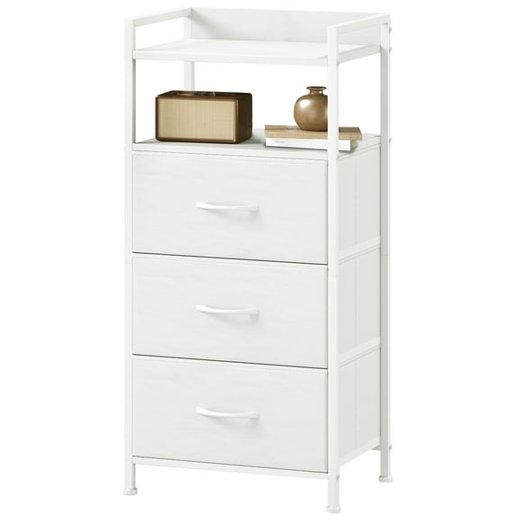 Eunos Small White Nightstand, 3 Vertical Fabric Drawer Dresser for Bedroom, Living Room, Hallway