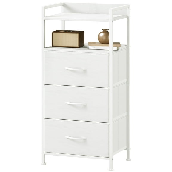 Eunos Small White Nightstand, 3 Vertical Fabric Drawer Dresser for Bedroom, Living Room, Hallway