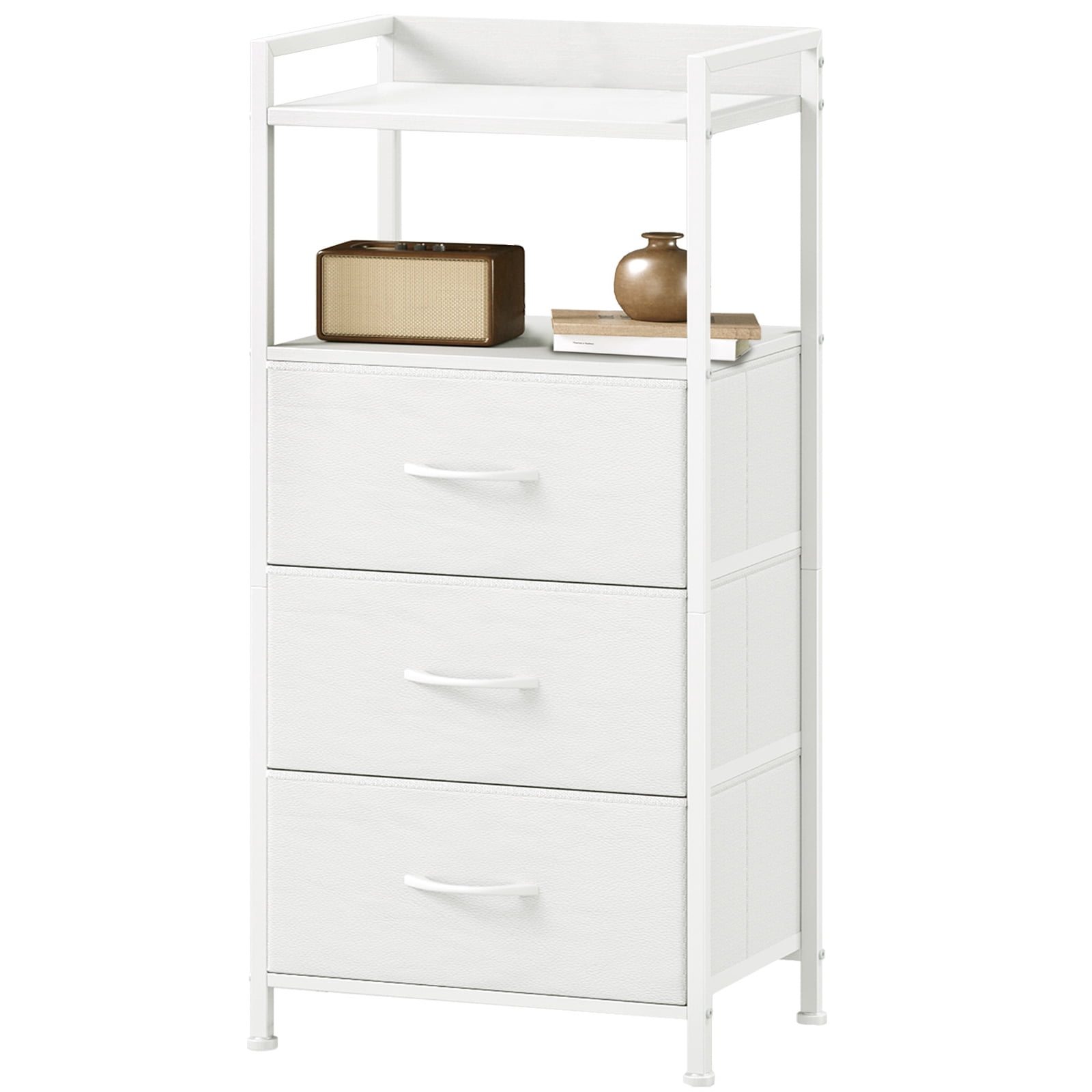Eunos Small White Nightstand, 3 Vertical Fabric Drawer Dresser for Bedroom, Living Room, Hallway