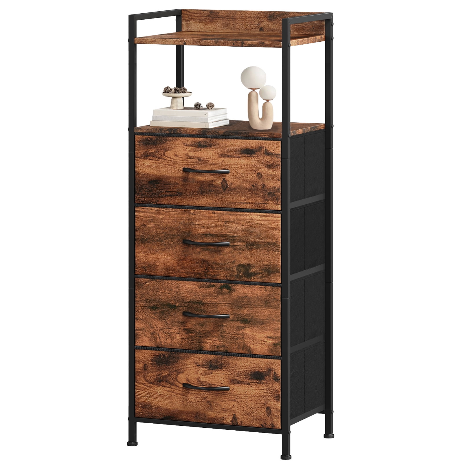 Eunos Tall Nightstand, 4 Vertical Fabric Drawer Dresser for Bedroom, Living Room, Hallway, Wood Grain Print