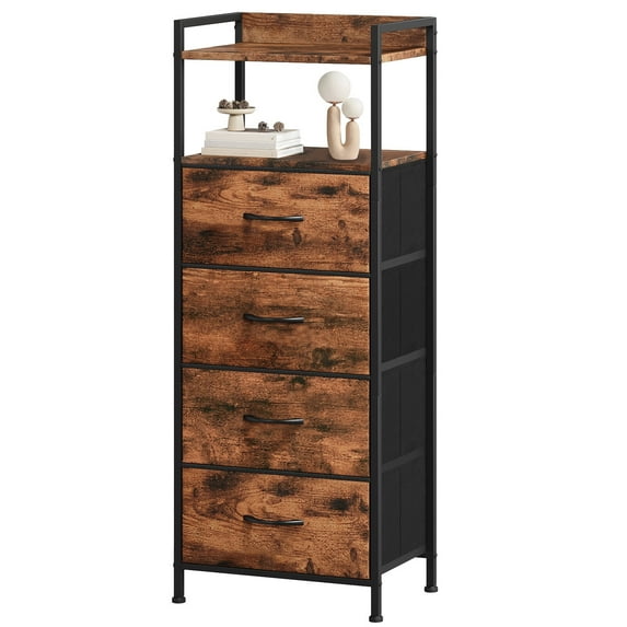 Eunos Tall Nightstand, 4 Vertical Fabric Drawer Dresser for Bedroom, Living Room, Hallway, Wood Grain Print