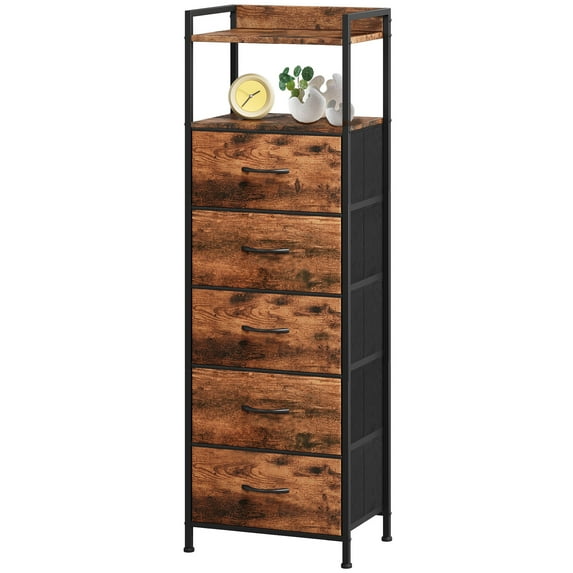 Eunos Tall Nightstand, 5 Vertical Fabric Drawer Dresser for Bedroom, Living Room, Hallway, Wood Grain Print