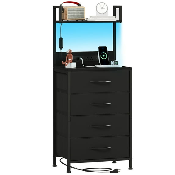 Eunos Tall Nightstand with Charging Station, Black Dresser with 4 Drawers and Storage Shelves for Bedroom