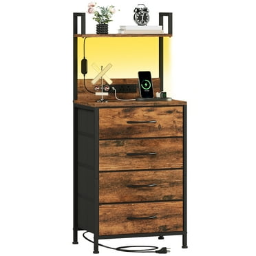 Eunos Tall Nightstand with Charging Station, Dresser with 4 Drawers and Storage Shelves for Bedroom, Wood Grain Print
