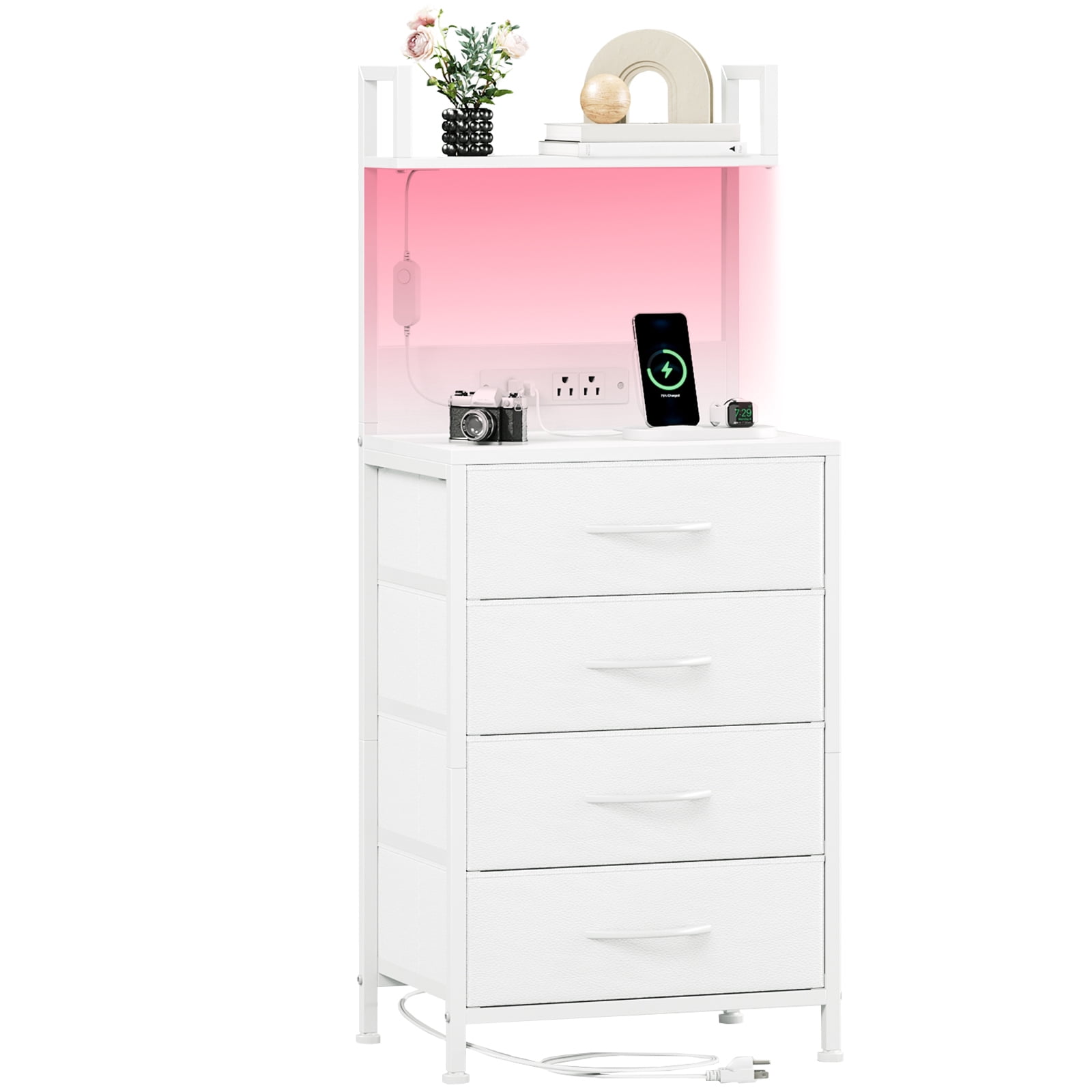 Eunos Tall Nightstand with Charging Station, White Dresser with 4 Drawers and Storage Shelves for Bedroom