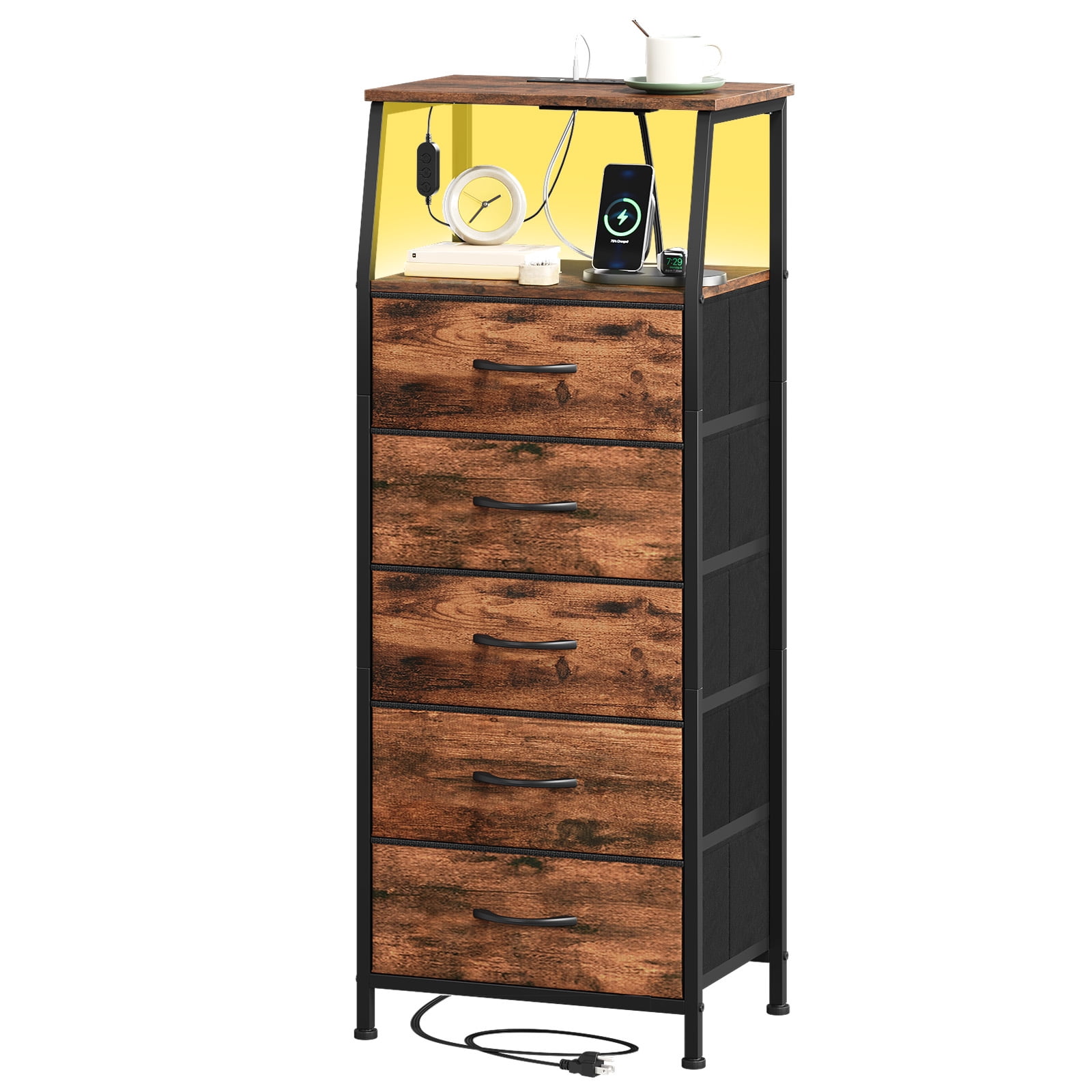 Eunos Tall Nightstand with Charging Station and LED for Bedroom, 5 Drawer with Storage Shelfs, Wood Grain Print